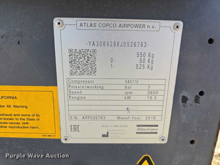image for item EV5657 2018 Atlas Copco XAS110 air compressor