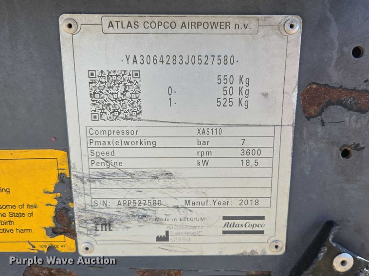 image for item EV5658 2018 Atlas Copco XAS110 air compressor