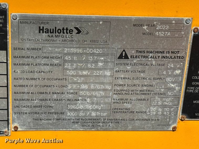 image for item EV7616 2022 Haulette 4527A boom lift