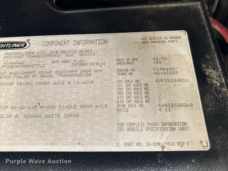 image for item FB3287 2003 Freightliner FL80 digger derrick truck