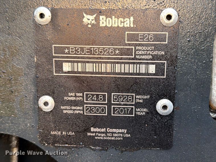image for item FB8032 2017 Bobcat E26 mini excavator