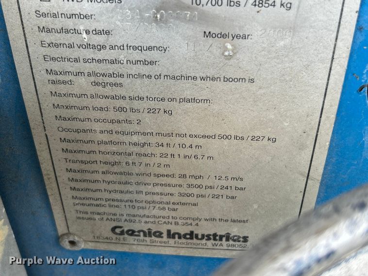 image for item FC5277 2000 Genie Z-34/22 boom lift