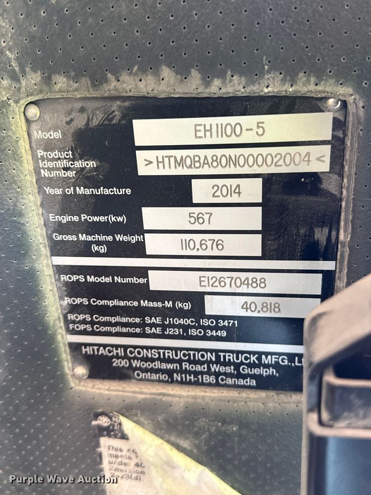 image for item FK1278 2015 Hitachi EH1100-5 haul truck