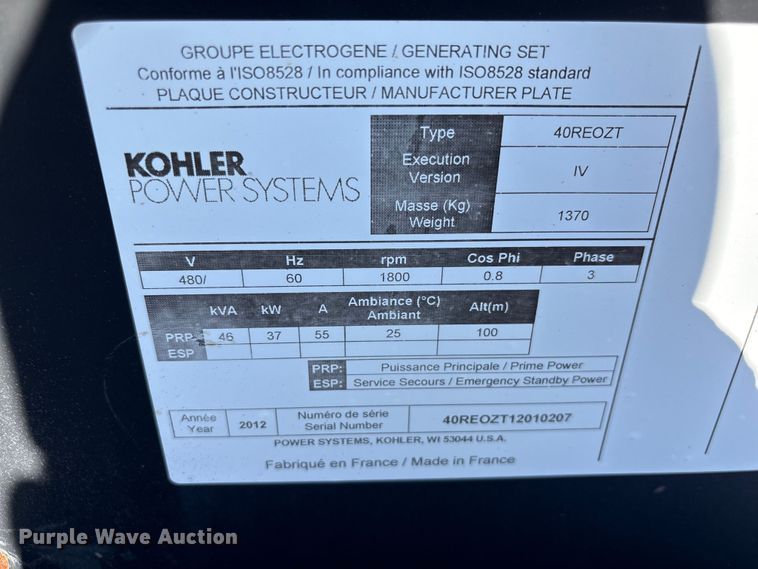 image for item YA2705 2012 Kohler Power System 40 generator