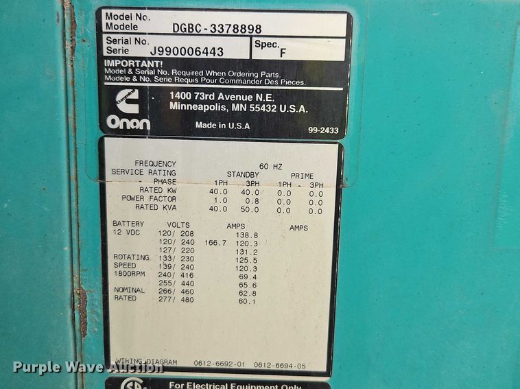 image for item YA2904 1999 Onan DGBC-3378898 generator