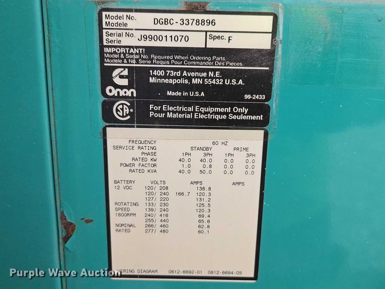 image for item YA2905 1999 Onan DGBC-3378896 generator