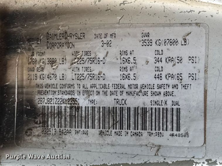 image for item DR1073 2002 Dodge Ram 2500 van