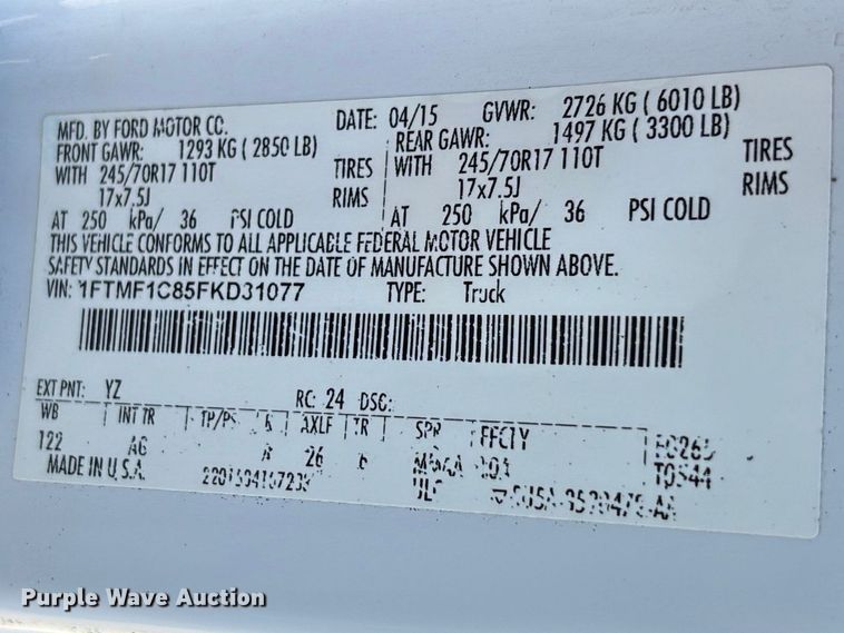 image for item DU0428 2015 Ford F150 XL pickup truck