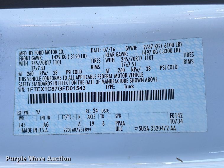 image for item DU0429 2016 Ford F150 XL Ext. Cab pickup truck