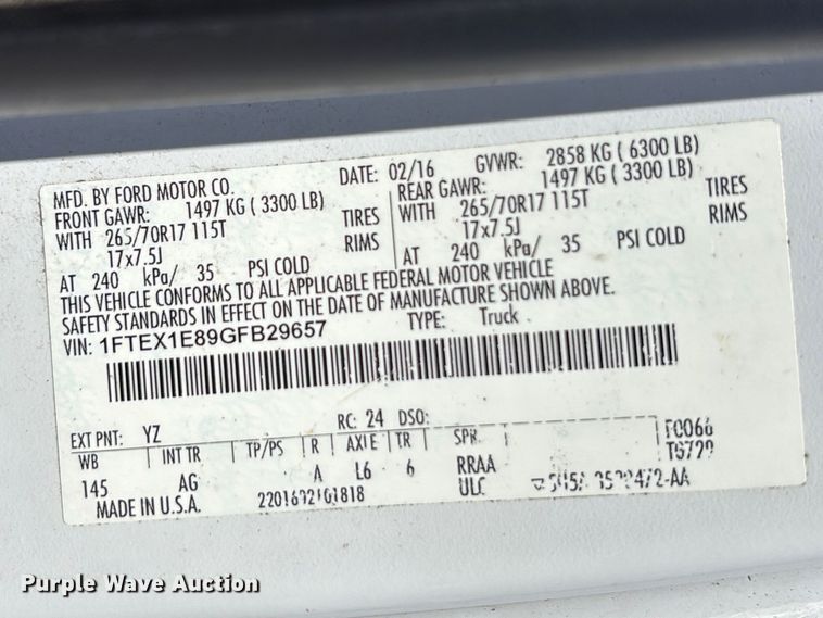 image for item DU0438 2016 Ford F150 XL Ext. Cab pickup truck