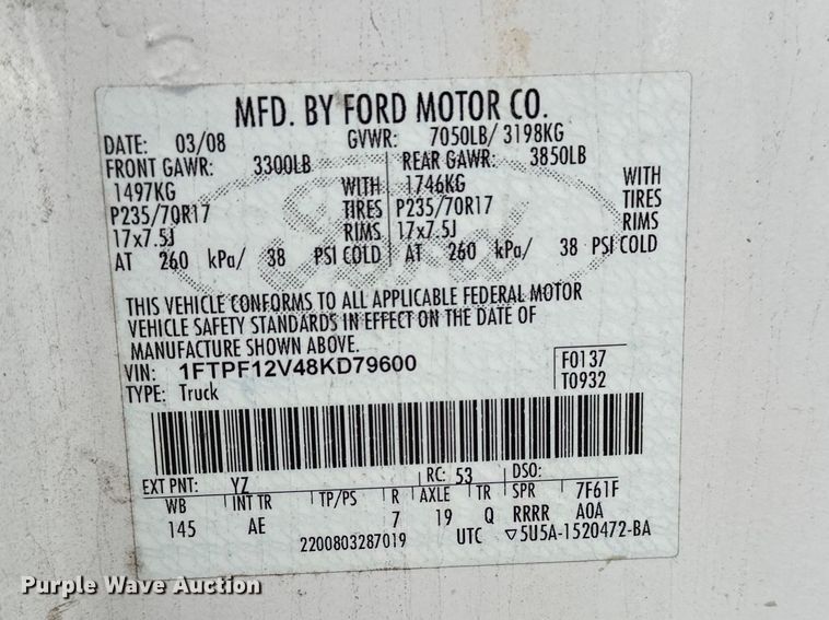 image for item DV0889 2008 Ford F150 Ext. Cab pickup truck