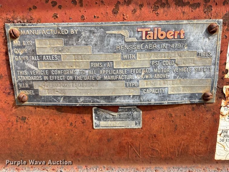 image for item DY0411 1995 Talbert equipment trailer
