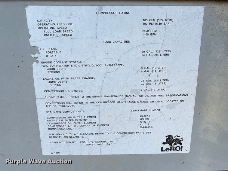 image for item EA7243 1995 LeRoi Q185DJ-E air compressor