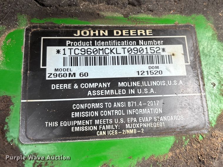 image for item EO4100 2020 John Deere Z960M ZTR lawn mower