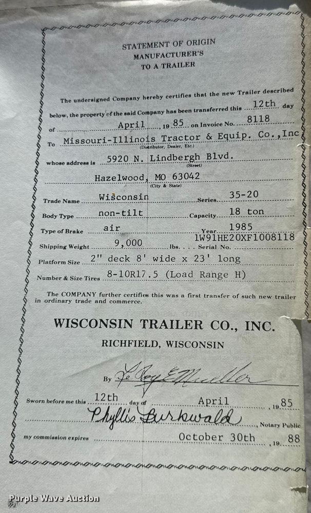 image for item ER0143 1985 Wisconsin 35-20 equipment trailer