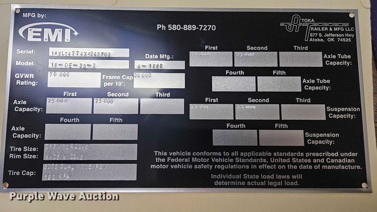 image for item ET1459 1999 Atoka Trailer Mfg. 18-DE-35-2 drop deck equipment trailer