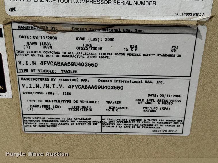 image for item ET1772 2008 Doosan P185 air compressor