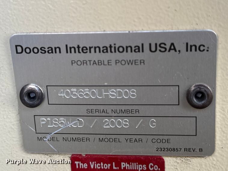 image for item ET1772 2008 Doosan P185 air compressor