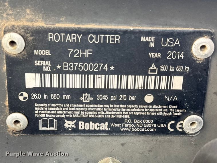 image for item ET1775 2014 Bobcat 72HF skid steer rotary mower