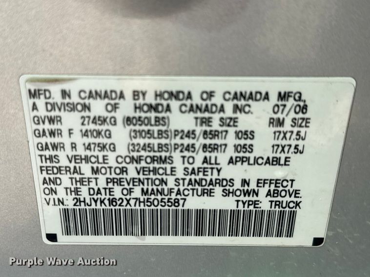 image for item ET1878 2007 Honda Ridgeline Ext. Cab pickup truck