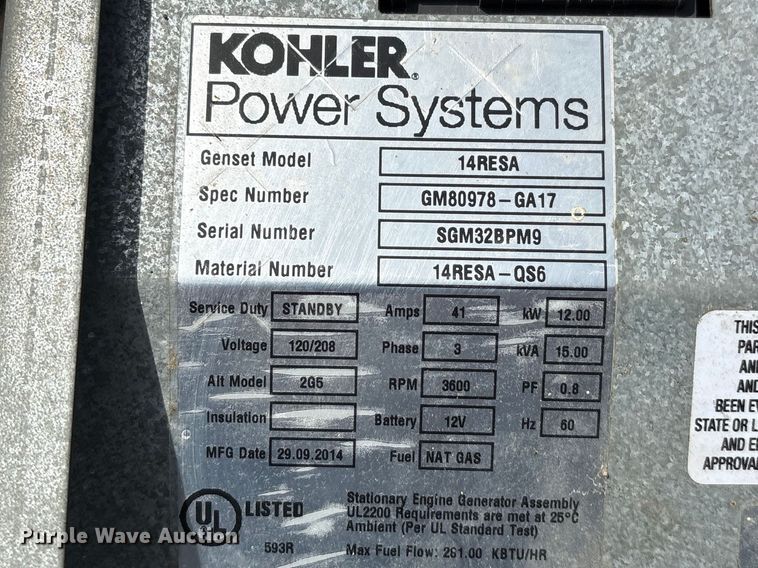 image for item EU7443 2014 Kohler 14RESA generator