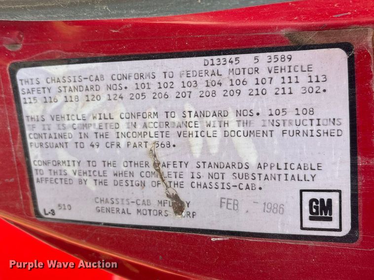 image for item EV2869 1986 Chevrolet C6V pumper fire truck