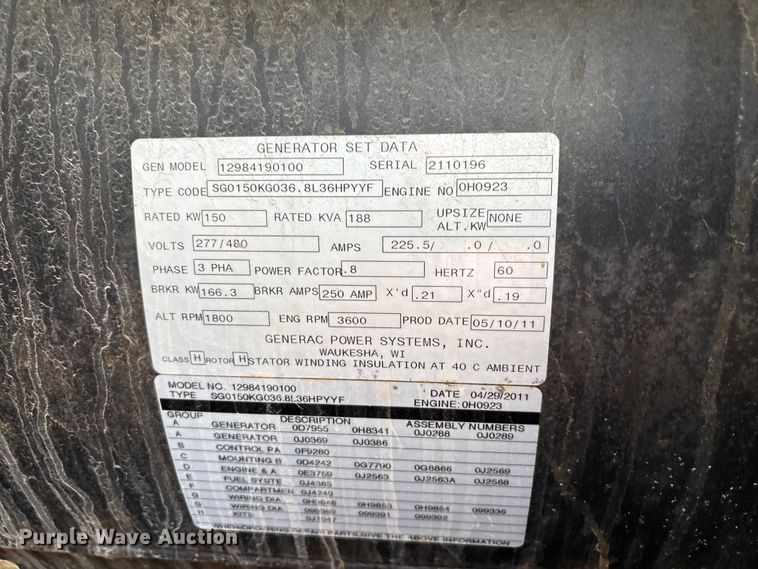 image for item EV3515 2011 Generac SG150 generator