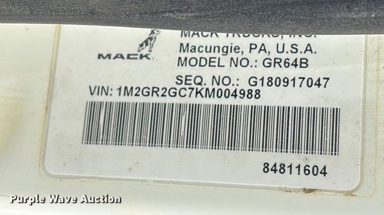image for item EW1497 2019 Mack Granite rollback truck