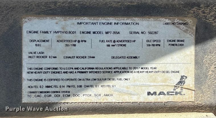 image for item EW1498 2018 Mack MRU refuse truck