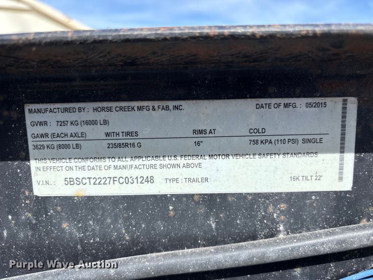 image for item FB3613 2015 Horse Creek Mfg. tilt deck equipment trailer