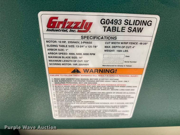 image for item FB7119 Grizzly G0493 sliding table saw