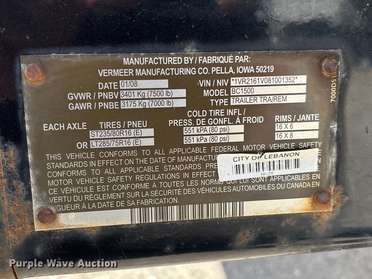 image for item FC5529 2008 Vermeer BC1500 wood chipper