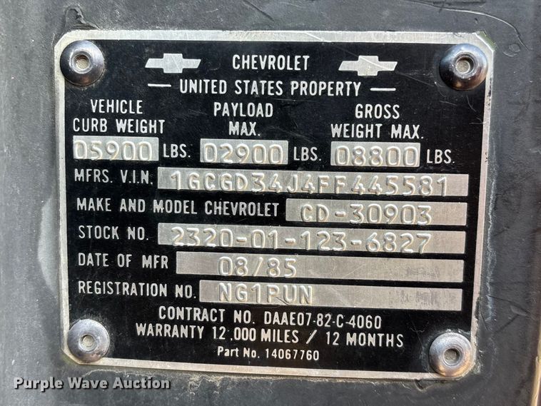 image for item FG0180 1985 Chevrolet D30 Military Postal Unit pickup truck