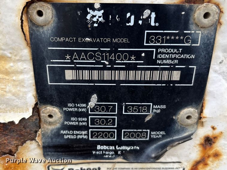 image for item FK1300 2008 Bobcat 331G mini excavator