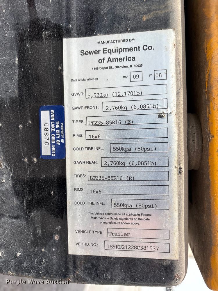 image for item FK1319 2008 Sewer Equipment Co. of America sewer jetter trailer