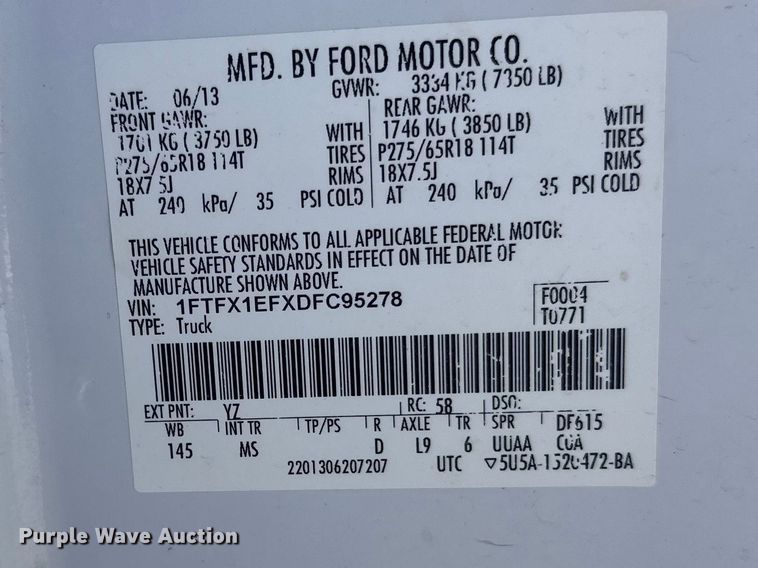 image for item FK1848 2013 Ford F150 Ext. Cab pickup truck