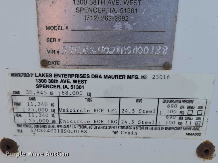 image for item ET1493 2017 Maurer Manufacturing grain trailer