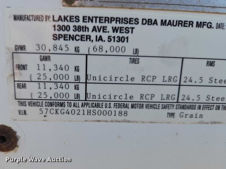 image for item ET1493 2017 Maurer Manufacturing grain trailer