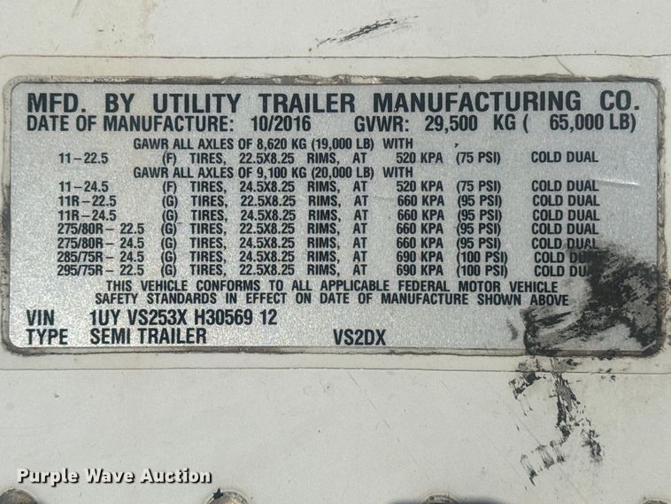 image for item DO8494 2017 Utility VS2DX dry van trailer