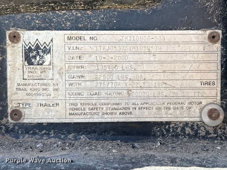 image for item DO8495 2001 Trail King TK110HDG-533 lowboy equipment trailer