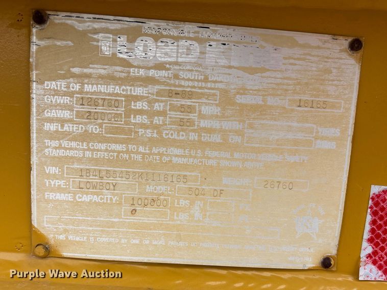 image for item EA4688 1989 Load King 504 DF lowboy equipment trailer