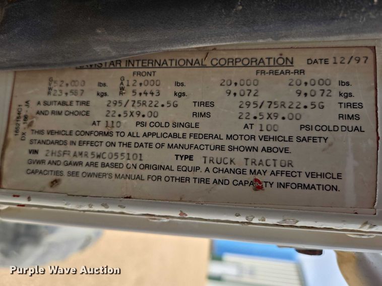 image for item EB1382 1998 International 9100 truck cab and chassis