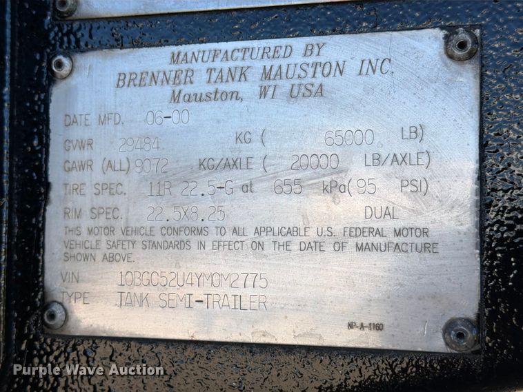 image for item ED5169 2000 Brenner Tank vacuum trailer