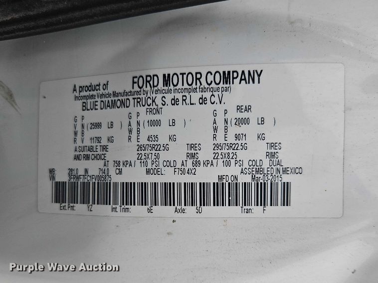 image for item EO7192 2015 Ford F750 Super Duty box truck