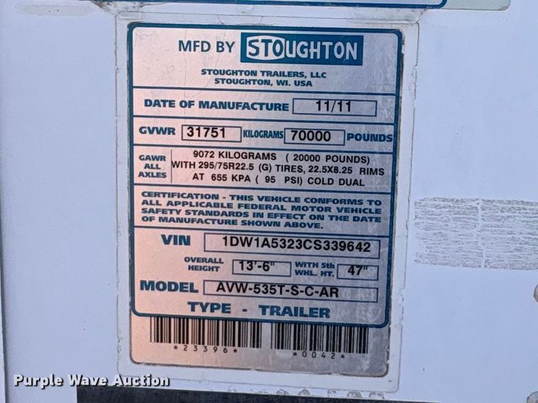 image for item ET1445 2012 Stoughton Trailers dry van trailer