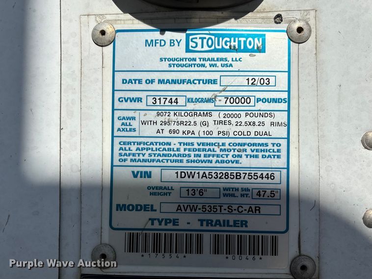 image for item FB3243 2005 Stoughton AVW-535T-S-C-AR dry van trailer