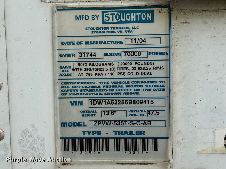 image for item FG0142 2005 Stoughton ZPVW-535T-S-C-AR dry van trailer