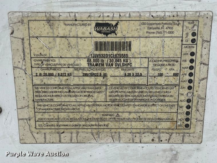 image for item FG0144 2012 Wabash National DVLSHPC dry van trailer