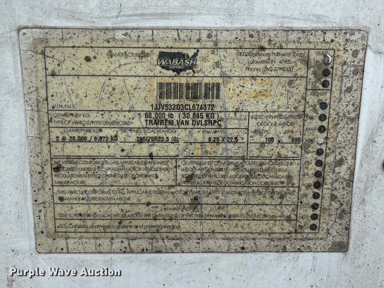 image for item FG0146 2012 Wabash National DVLSHPC dry van trailer