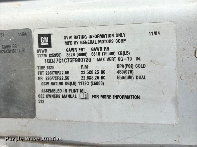 image for item FH7035 2005 GMC C7500 truck cab and chassis